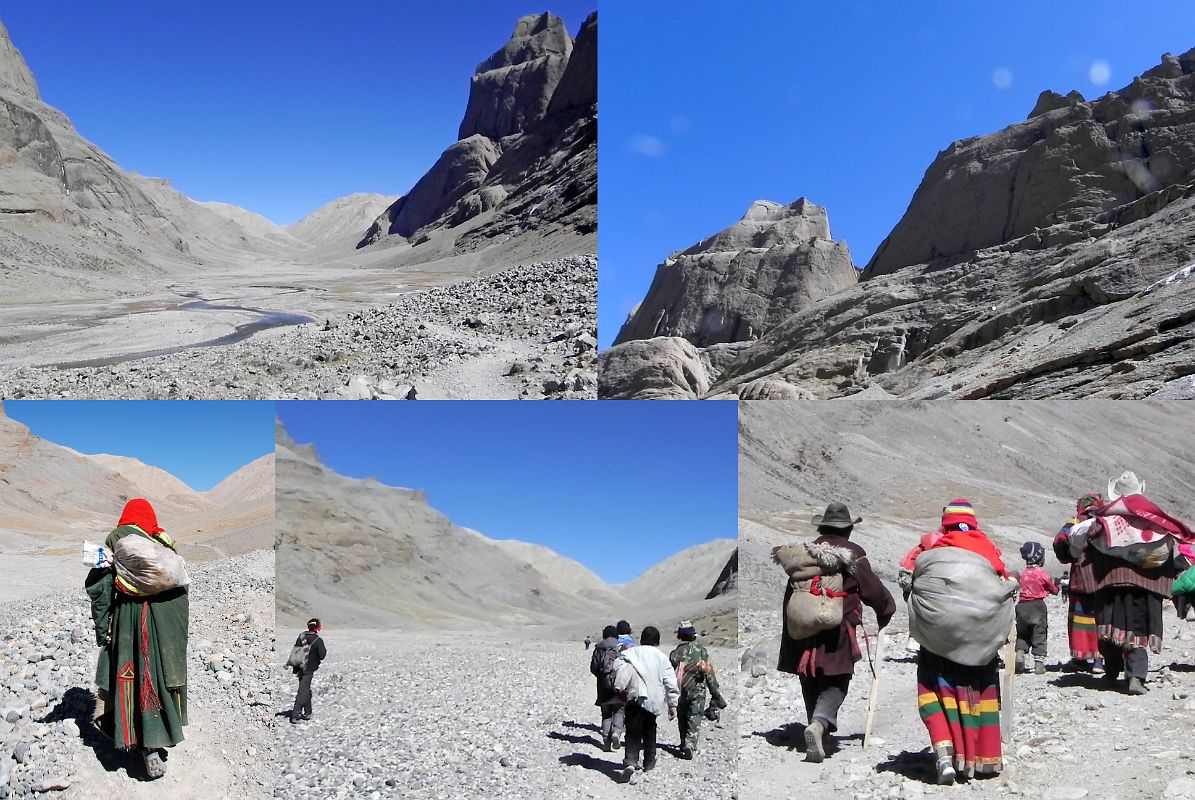 21 Pilgrims Walk Up Lha Chu Valley With Torma of Padmasambhava Guru Rinpoche Ahead To The East On Mount Kailash Outer Kora Tibetan pilgrims walk up the Lha Chu Valley with a peak ahead on the east side they call the Torma of Padmasambhava (Tib. Guru Rinpoche).